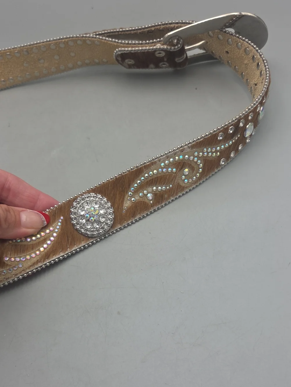 Nocona Genuine Leather Calf Hair on Hide Rhinestone Belt Rodeo Western Bling